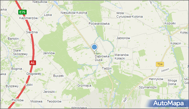 mapa Dąbrówka Duża, Dąbrówka Duża gmina Brzeziny na mapie Targeo